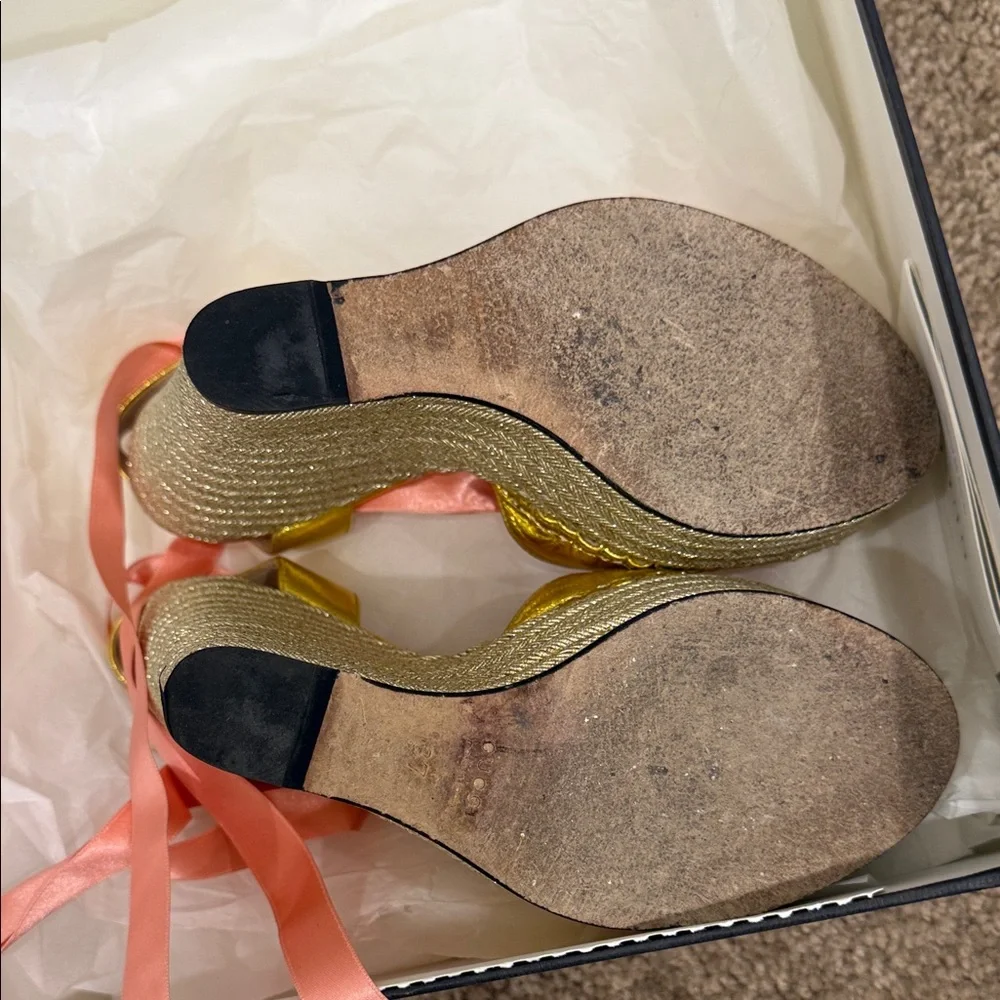 Gucci Gold Espadrille Wedge Sandals Pink Ribbon Tie Platform 37